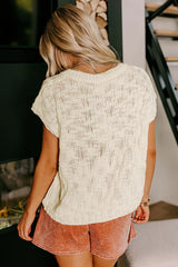 Beige Notched V Neck Short Sleeve Knit Top