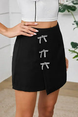 Black Rhinestone Bow High Waist Mini Skirt - Femstylo