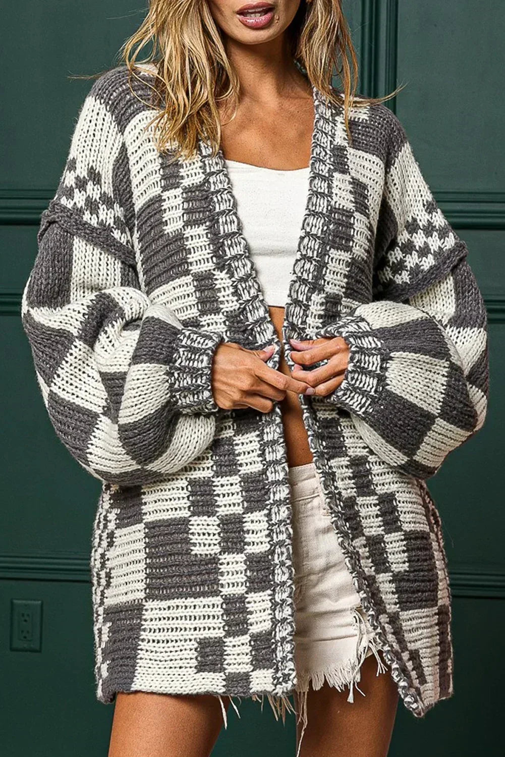 Taupe Colorblock Checked Open Front Knitted Cardigan