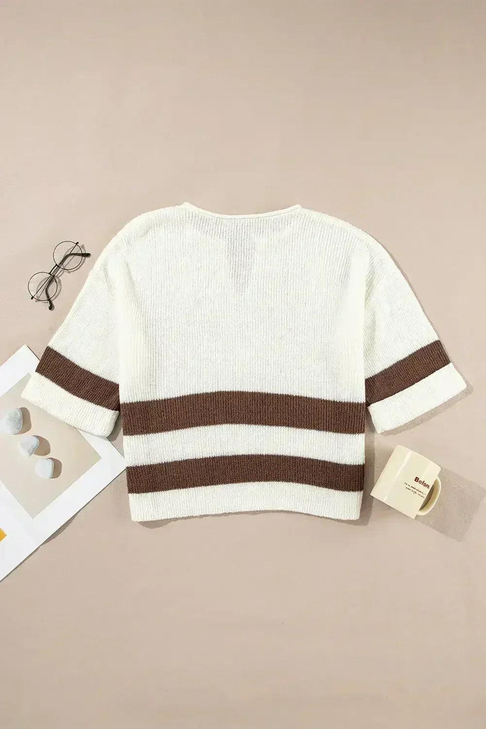 Brown Stripe Cropped Drop Sleeve Sweater - Femstylo