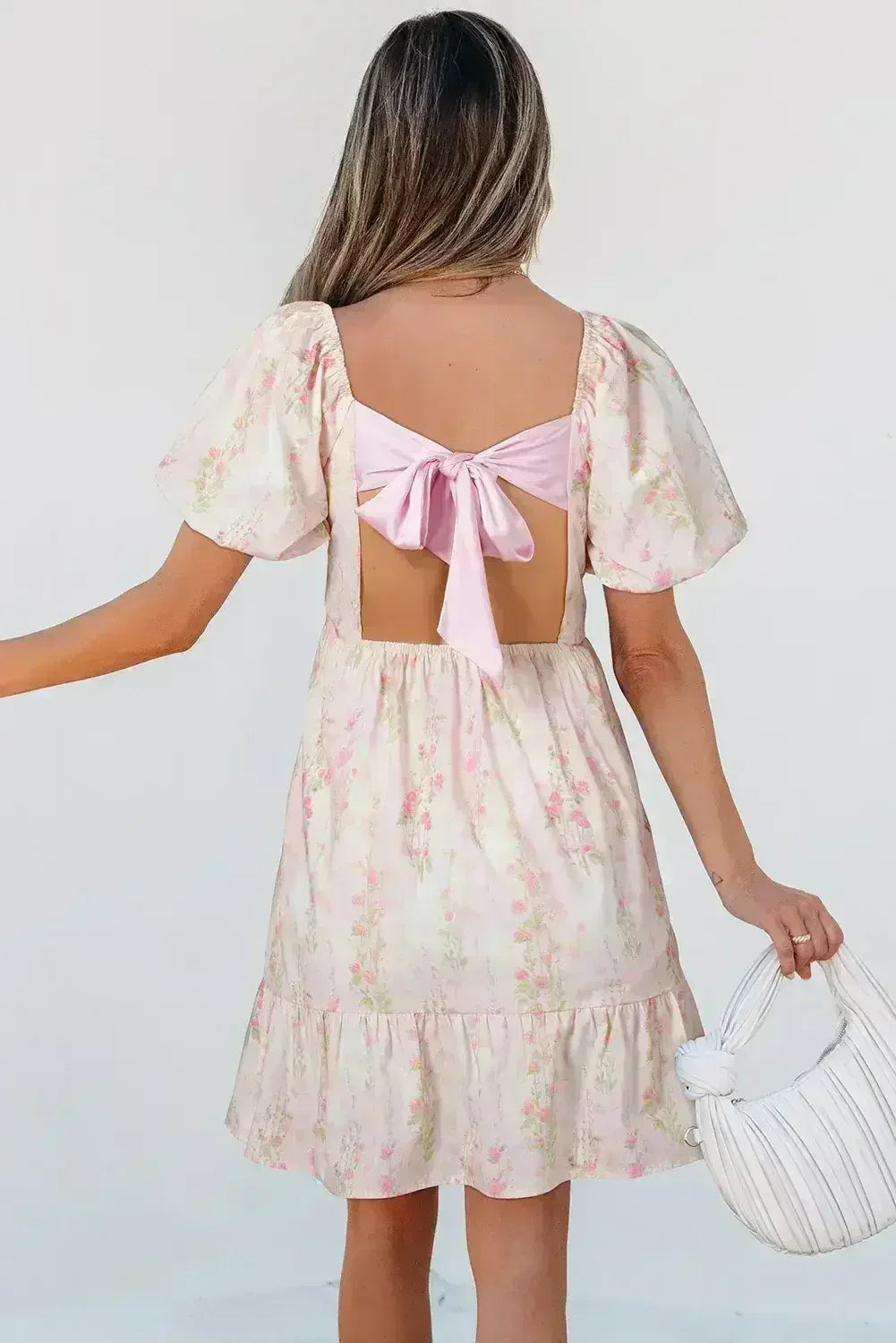 Pink Floral Puff Sleeve Square Neck Knotted Backless Ruffle Mini Dress - Femstylo