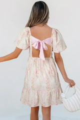 Pink Floral Puff Sleeve Square Neck Knotted Backless Ruffle Mini Dress - Femstylo