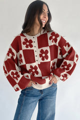 Red Dahlia Flower Colorblock Checkered Henley Sweater