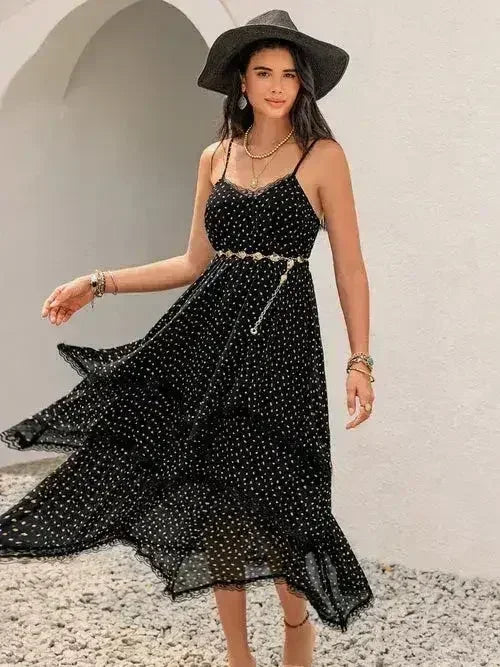 Lace Detail Layered Printed Midi Cami Dress - Femstylo