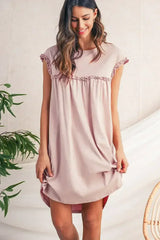 Oatmeal Frilled Trim Crewneck Loose Fit Mini Dress - Femstylo