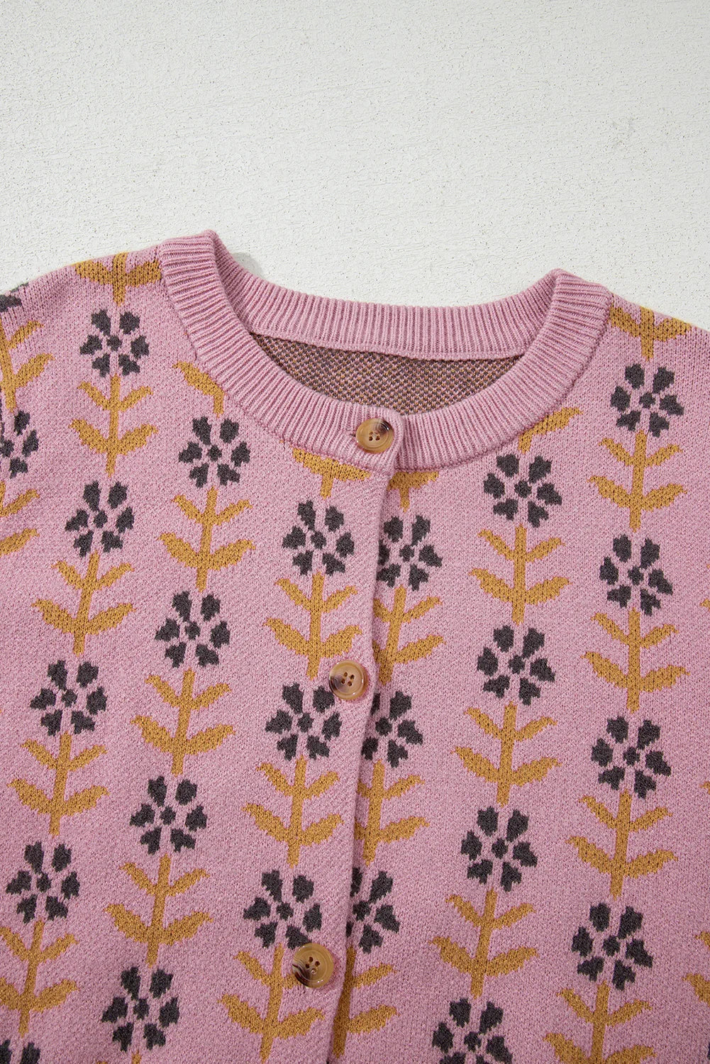 Pink Floral Button Down Ribbed Trim Knit Cardigan