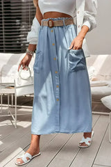 Beau Blue Buttoned Front High Waist Side Pockets Denim Maxi Skirt - Femstylo