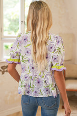 Purple Floral Print Ruffle Pop of Color Neckline Blouse