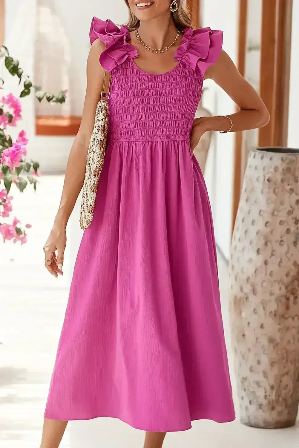 Rose Red Crinkled Ruffle Strap Smocked Midi Dress - Femstylo
