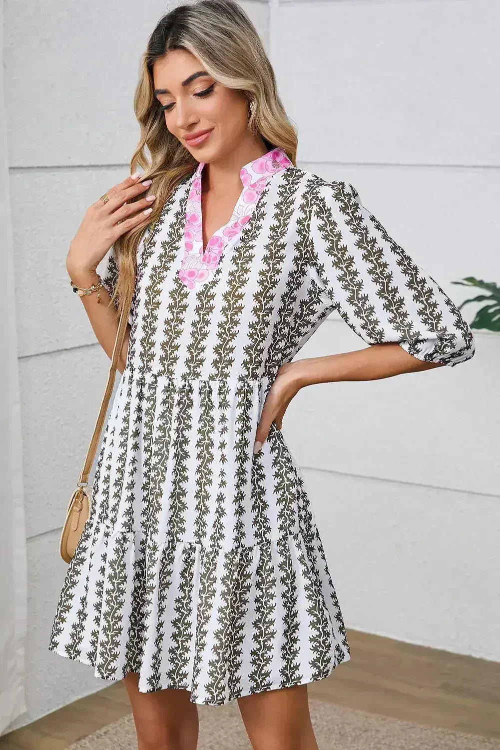 Black Floral Abstract Print Tiered Pop of Color Neckline Dress - Femstylo