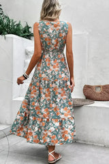 Green Floral Print Trimmed V Neck Sleeveless Vacation Dress - Femstylo