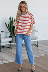 Tomato Red Striped Raglan Sleeve Contrast Neck T-Shirt - Femstylo