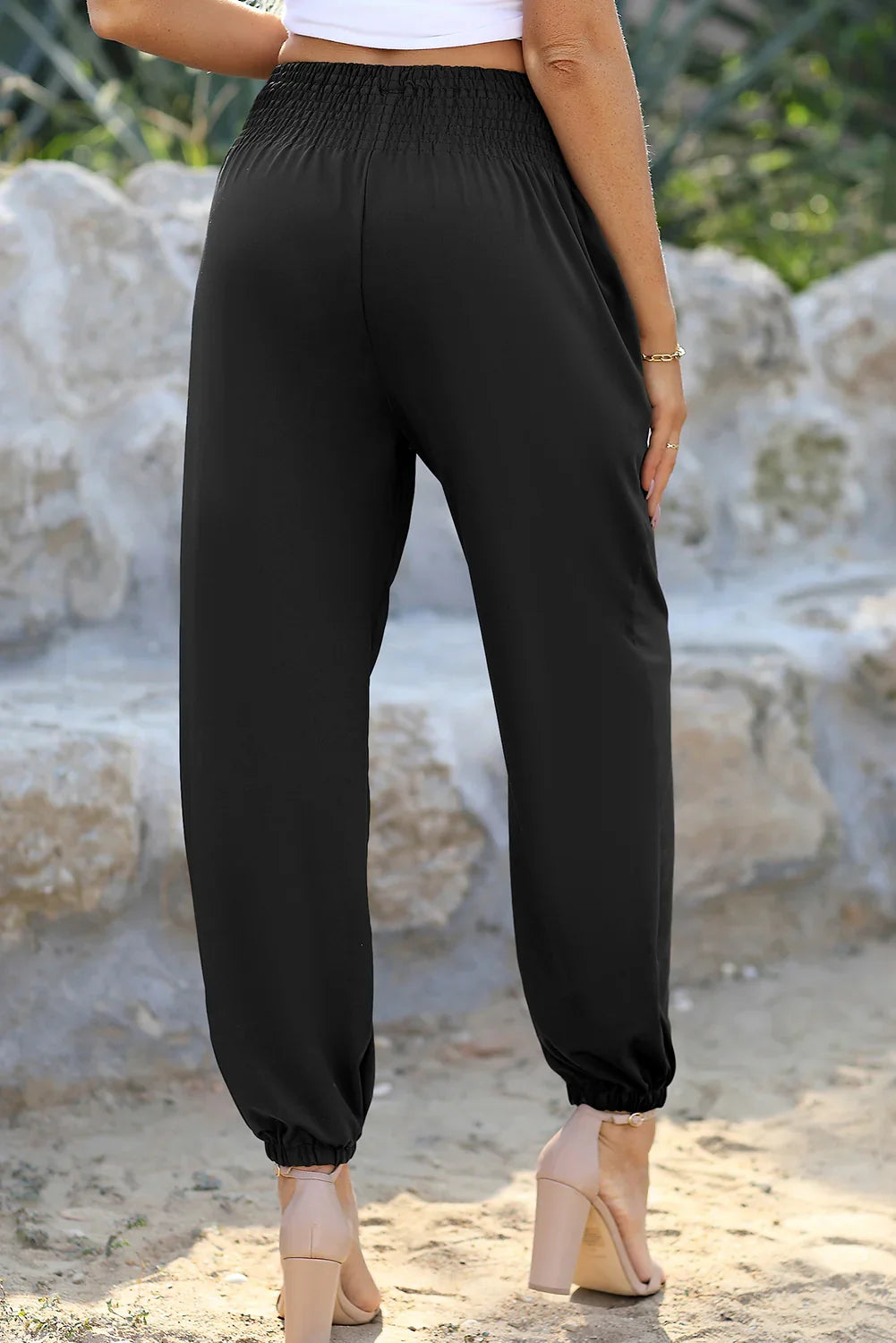 Navy Blue Shirred Smocked High Waist Joggers