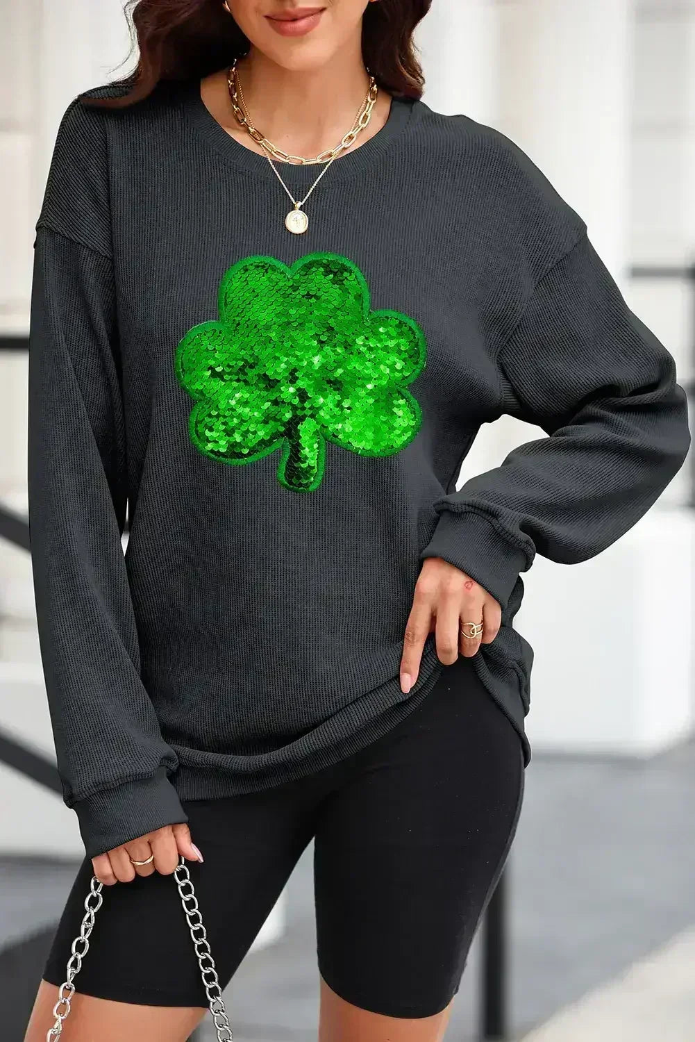 Black Sequin Embroidered Clover Corded Graphic Sweatshirt - Femstylo