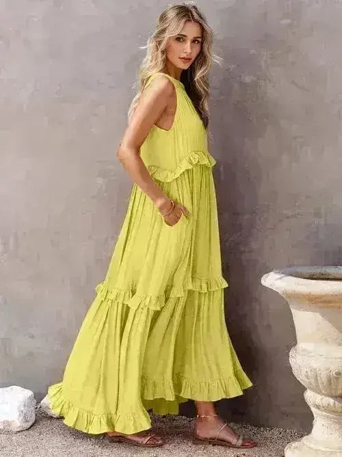 Ruffled Sleeveless Tiered Maxi Dress with Pockets - Femstylo