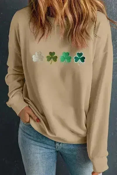 Embroidered Clover Pattern Round Neck Sweatshirt - Femstylo