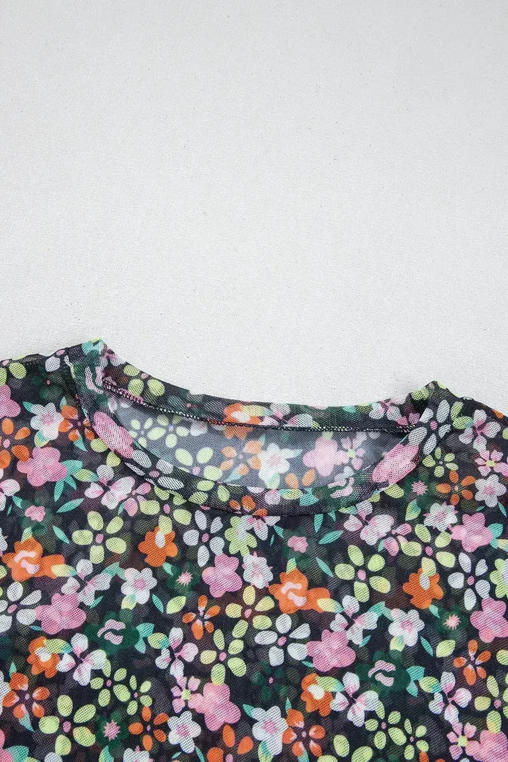 Black Sheer Mesh Floral Round Neck T Shirt with Camisole - Femstylo