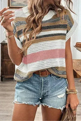 Pink Stripe Color Block Eyelet Knit Short Sleeve Sweater Tee - Femstylo