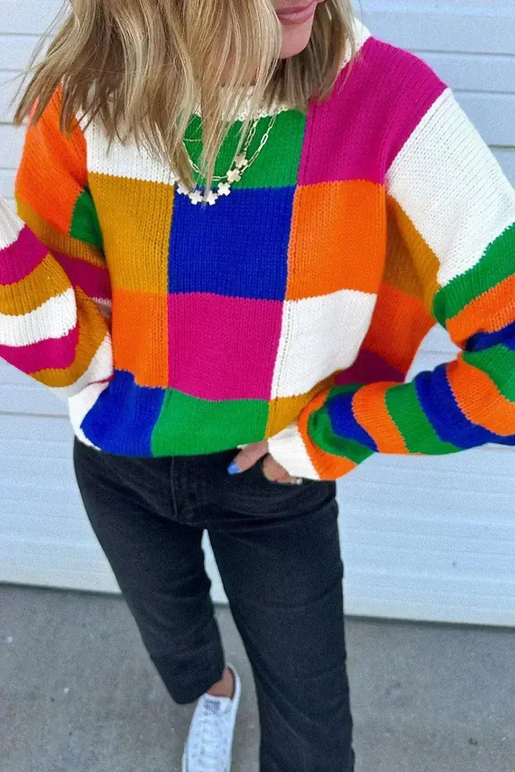 Orange Checkered Color Block Round Neck Loose Sweater - Femstylo