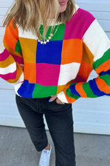 Orange Checkered Color Block Round Neck Loose Sweater - Femstylo