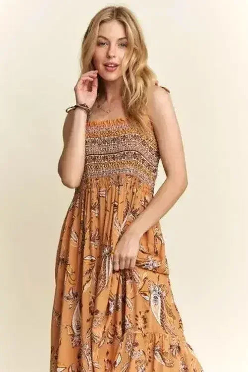 ADORA Smocked Printed Square Neck Tie Shoulder Cami Dress - Femstylo