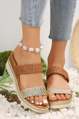 Gold Woven Two Band Color Block Wedge Slippers - Femstylo