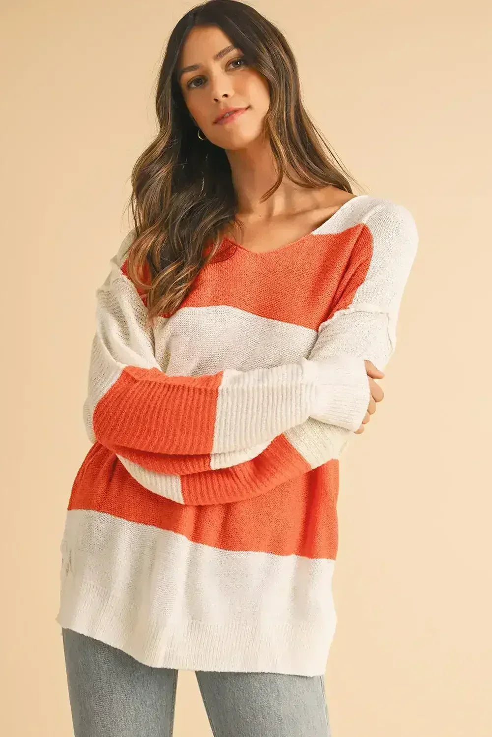 Orange Colorblock V Neck Side Slits Sweater - Femstylo