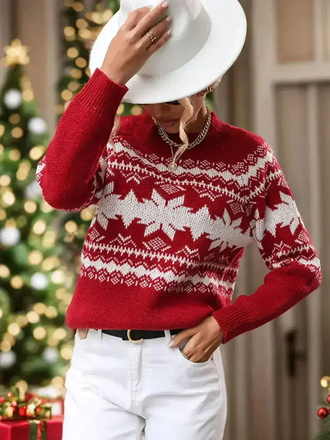 Perfee Geometric Round Neck Long Sleeve Sweater - Femstylo