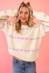 Pink Heart Pattern Ribbed Round Neck Knit Sweater