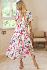 Sky Blue Abstract Print Short Puff Sleeve Tiered Maxi Dress - Femstylo