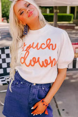 White Touchdown Tinsel Puff Short Sleeve Sweater - Femstylo
