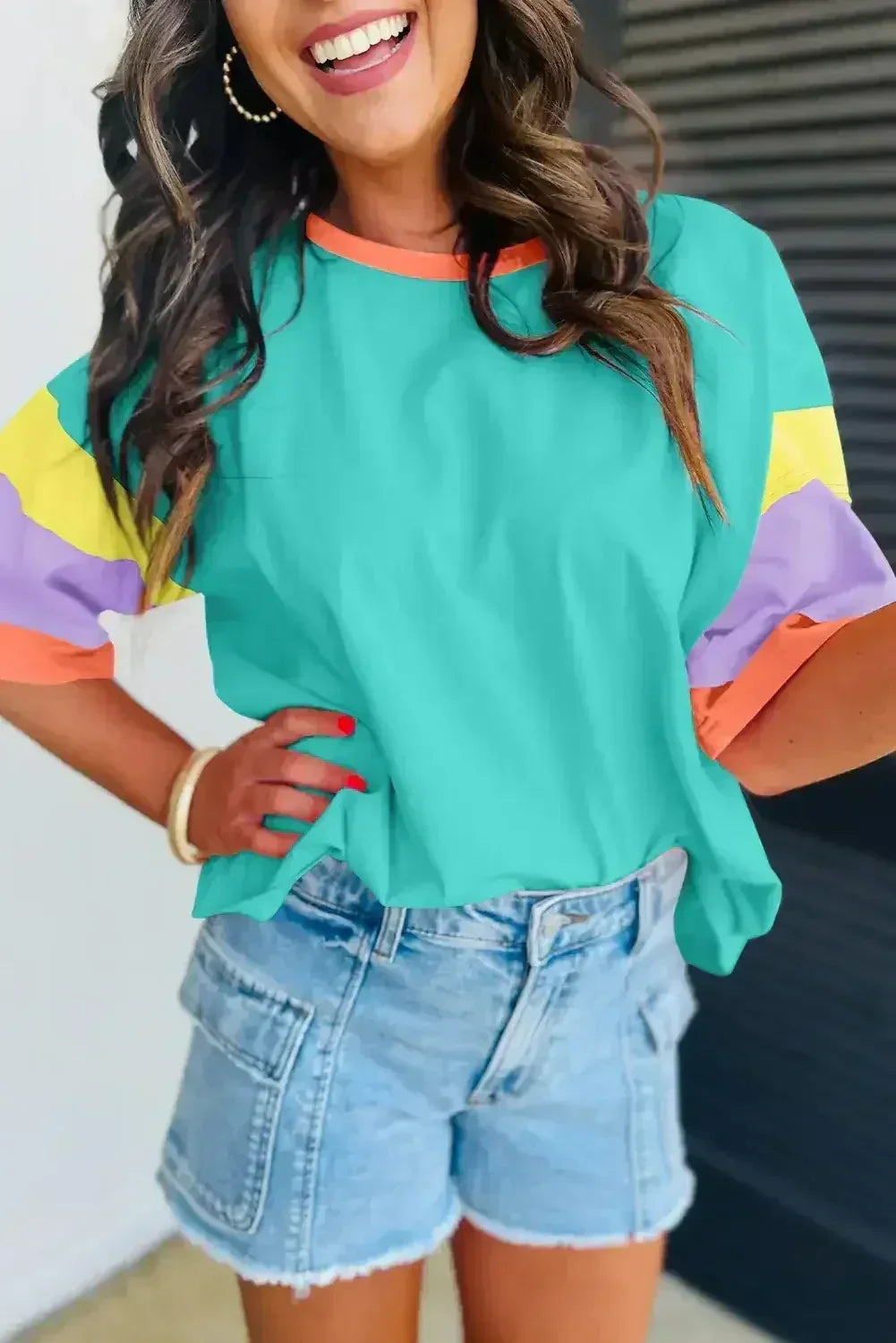 Light Blue Color Block Sleeve Round Neck Oversize Top - Femstylo