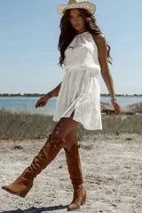 White Lace Sleeveless Knot Hollow Out Back Tied Waist Mini Dress - Femstylo