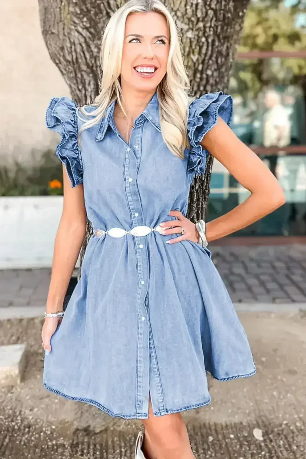 Beau Blue Ruffle Sleeve Button Down A-line Mini Denim Dress - Femstylo