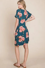 BOMBOM Floral Round Neck Short Tee Dress with Pockets