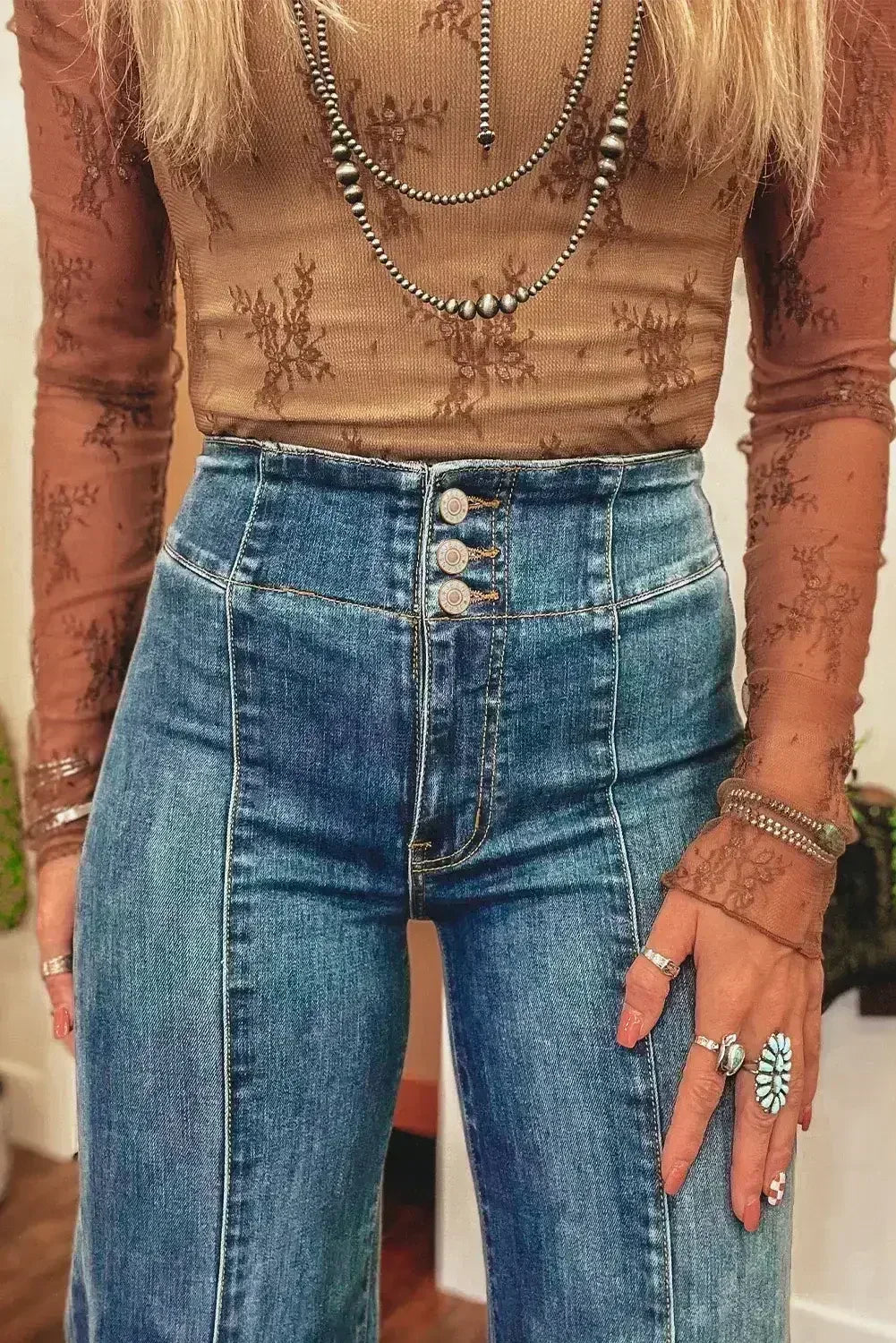 Sail Blue High Waist Button Raw Hem Jeans - Femstylo