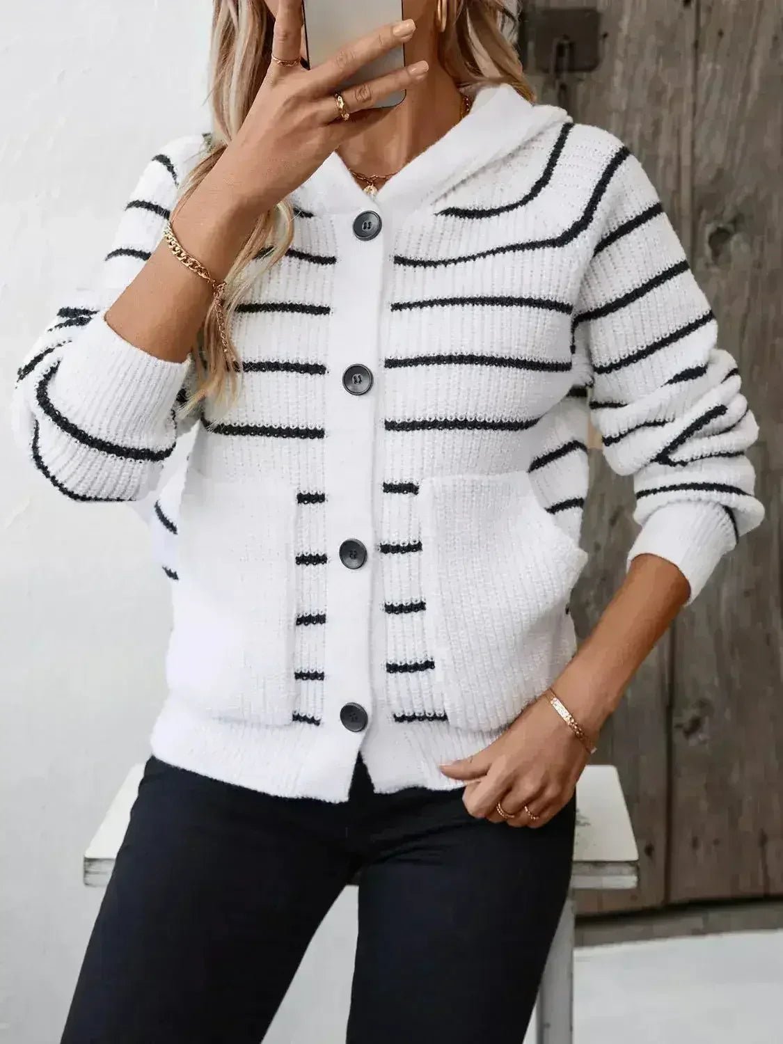 Striped Button Up Long Sleeve Hooded Cardigan - Femstylo