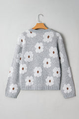 Gray Cute Flower Print V Neck Drop Shoulder Baggy Sweater