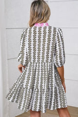 Black Floral Abstract Print Tiered Pop of Color Neckline Dress - Femstylo