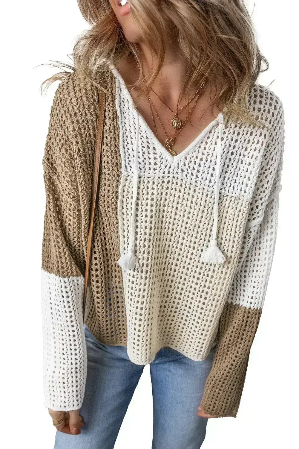 Brown Colorblock Hollow-out Tie V Neck Lightweight Sweater - Femstylo