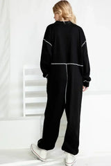 Black Exposed Seam Oversized Drop Waist Jumpsuit - Femstylo
