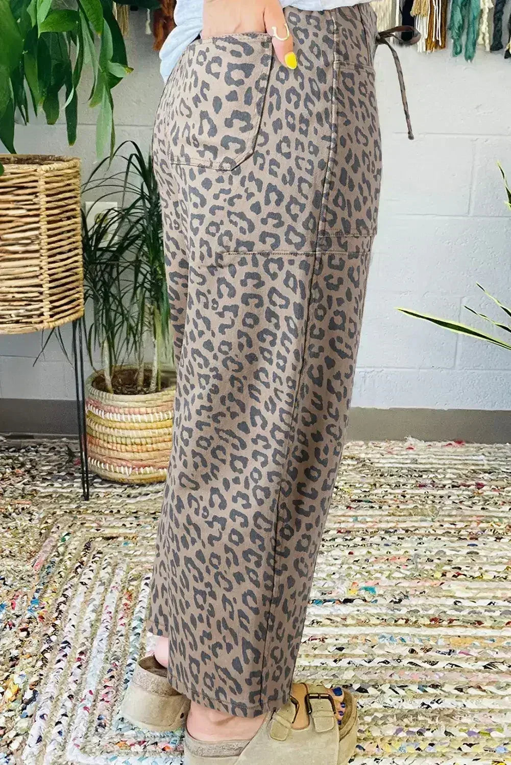Blue Leopard Print Drawstring Waist Pocketed Wide Leg Jeans - Femstylo