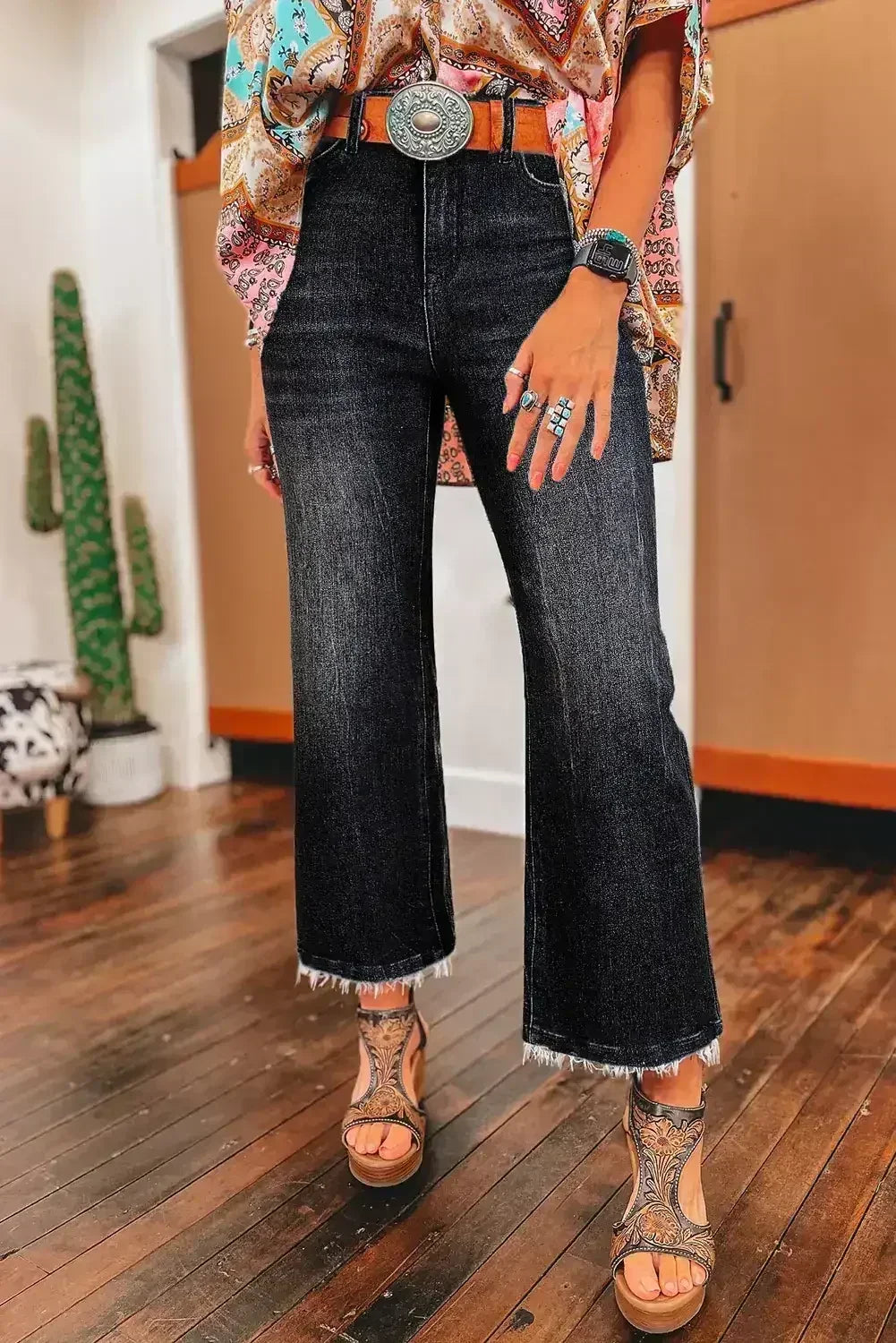 Sail Blue Mineral Wash Raw Hem High Waist Flared Jeans - Femstylo