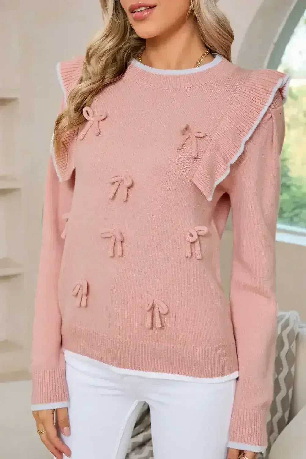 Light Pink Bow Detail Contrast Trim Ruffle Sweater - Femstylo