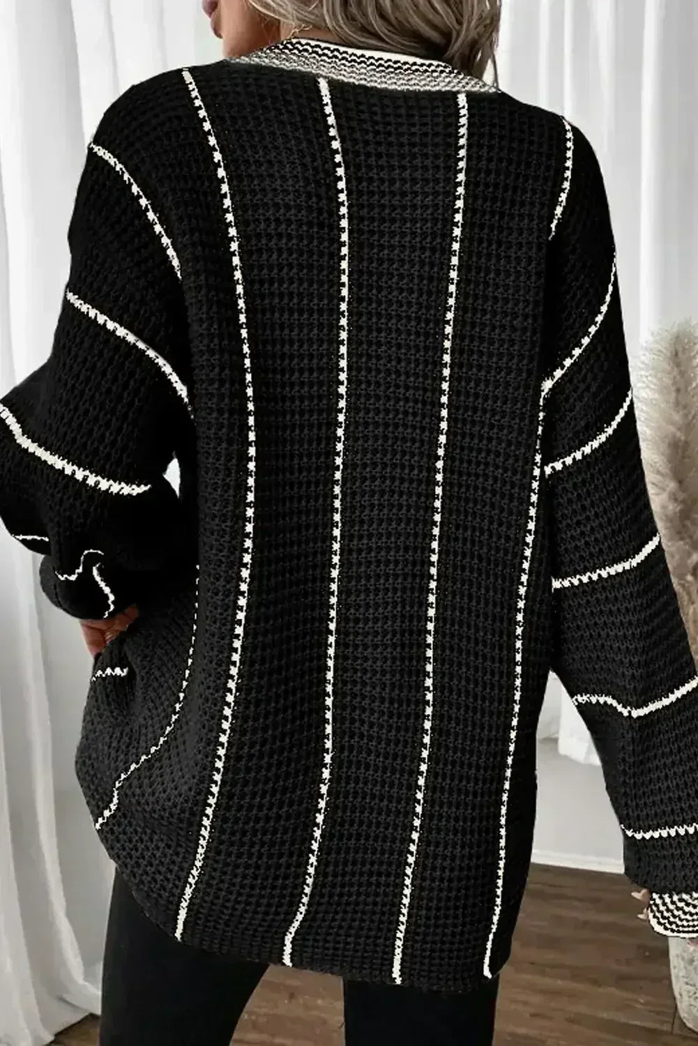 Black Contrast V Neck Loose Tunic Sweater - Femstylo