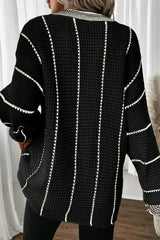 Black Contrast V Neck Loose Tunic Sweater - Femstylo