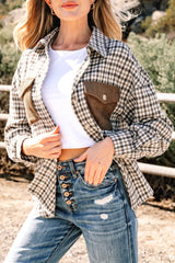 Green Contrast Corduroy Flap Pocket Patchwork Plaid Shacket