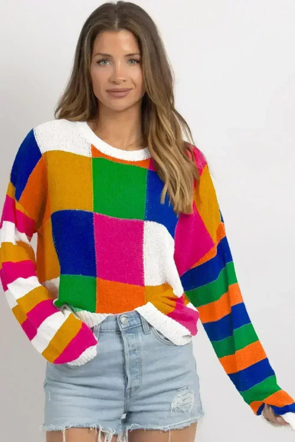 Orange Checkered Color Block Round Neck Loose Sweater - Femstylo
