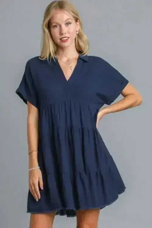 Umgee Full Size Raw Hem Folded Sleeve Tiered Dress Plus Size - Femstylo