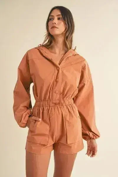 Mable Snap Down Long Sleeve Hooded Romper - Femstylo